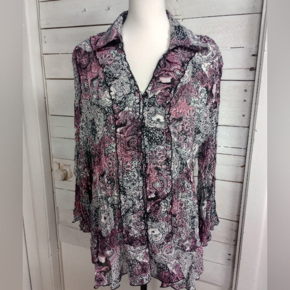 Signature by Larry Levine Punk Y2K Pink Black Floral V-Neck Blouse 2XL Spring